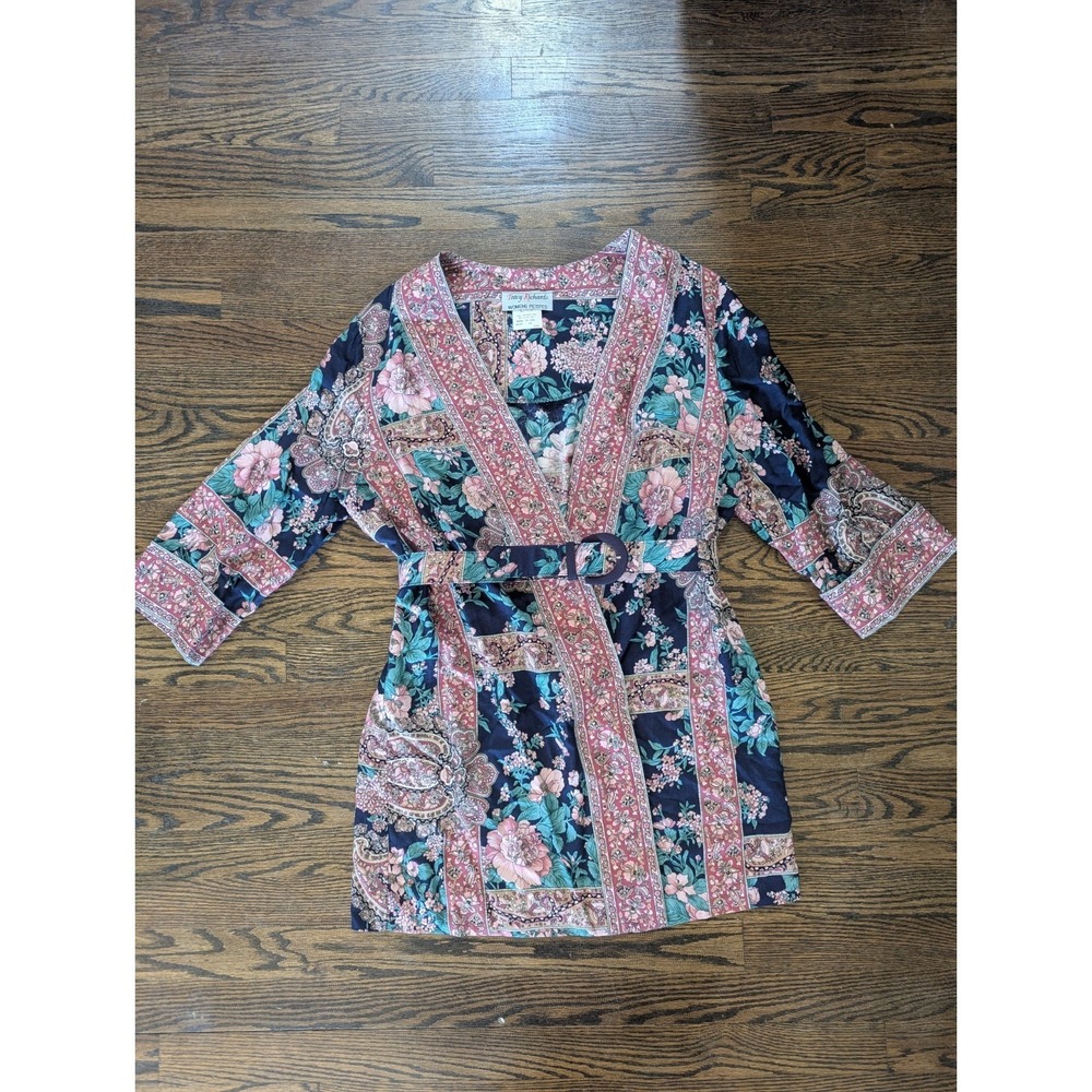 Tracy Richards Vintage 90s Y2K Floral Kimono Belted Shirt Top Navy Pink Size 14
